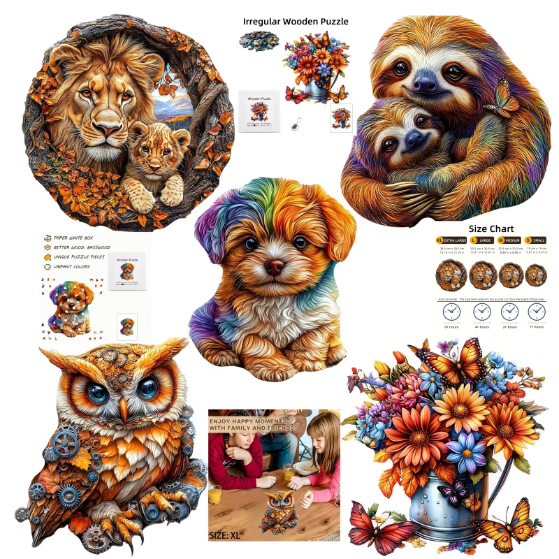 Lion, Sloth, Owl Wooden Puzzle - Uniquely Shaped Animal Puzzle, Adult Relaxation Gift, Exquisite Boxed Decorative Artwork