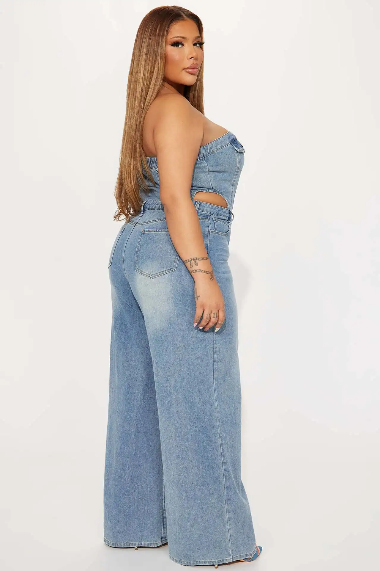 Women Jumpsuit Summer Sexy Sleeveless Strapless Hollow Out Elastic Denim Straight Jumpsuit Casual Lady Wide-Leg Jeans Jumpsuit