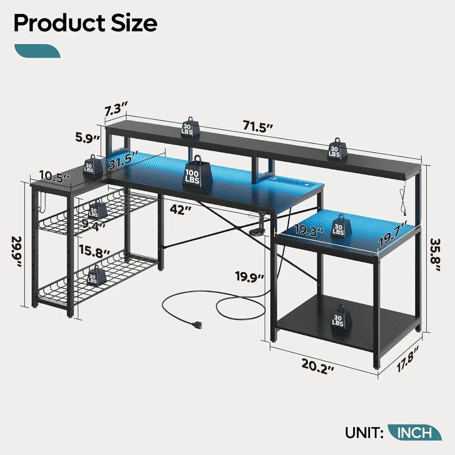 Gaming Desk with Power Outlets, 71.5 LED Computer Desk with Long Monitor Stand, Large L Shaped Corner Desk with Storage Shelf, C