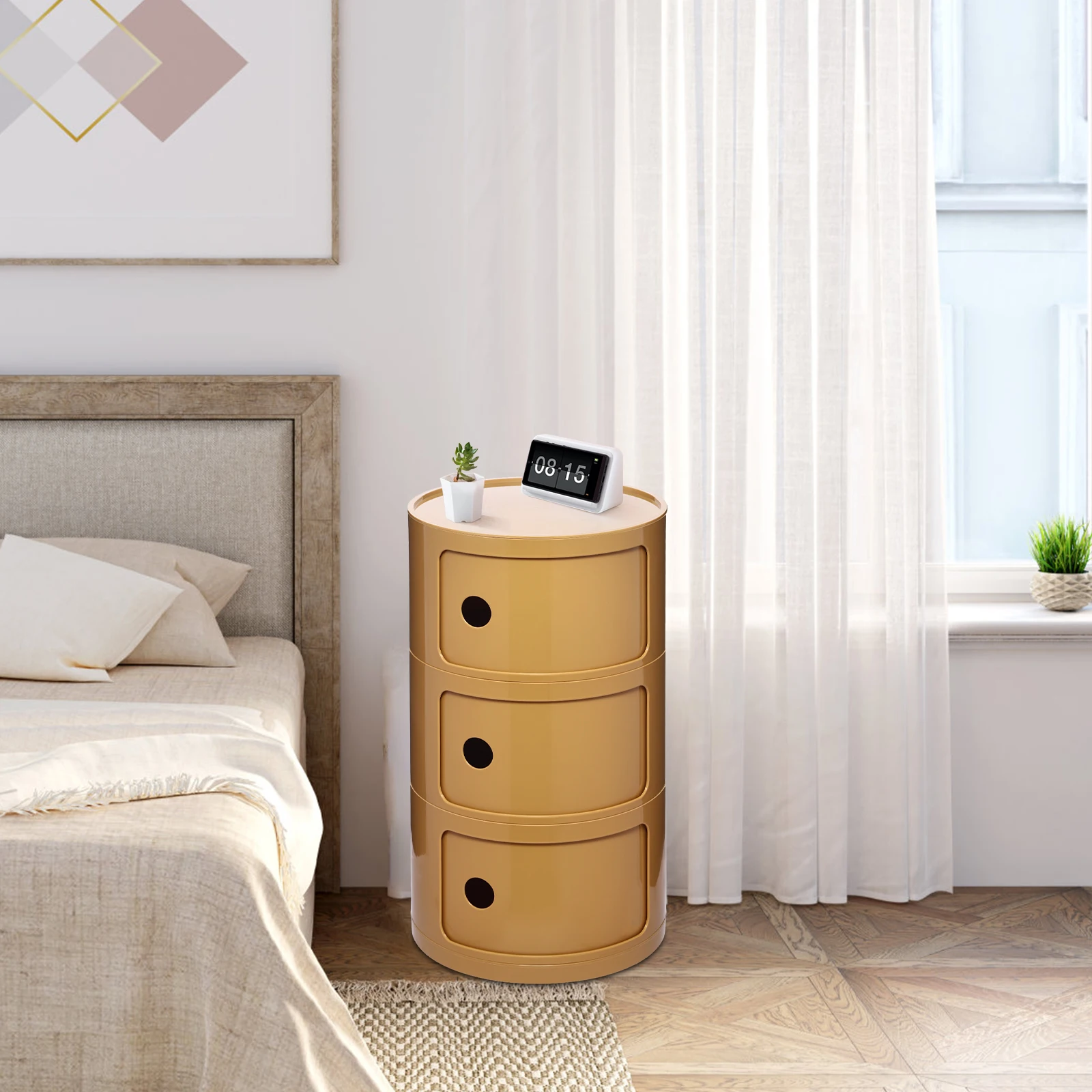 

32*58cm 3-Tier Yellow Round End Table ABS Floor Standing Minimalist Round Cabinet for Bedrooms Study Rooms Nurseries