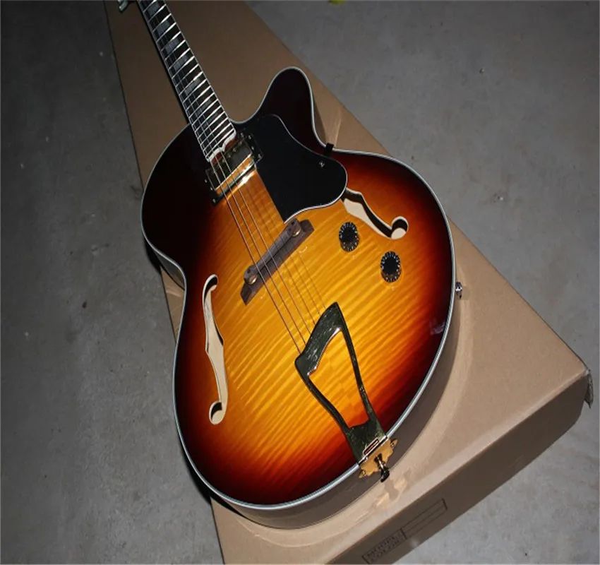 Top quality Wholesale TOP Tiger maple Sunburst Hollow jazz Jazz electric guitar