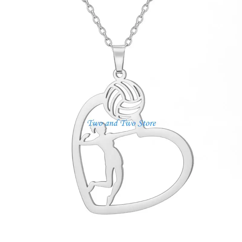 HX6F Volleyball Player Heart Pendant Necklace Stainless Steel Chain Sporty Jewelry Gift