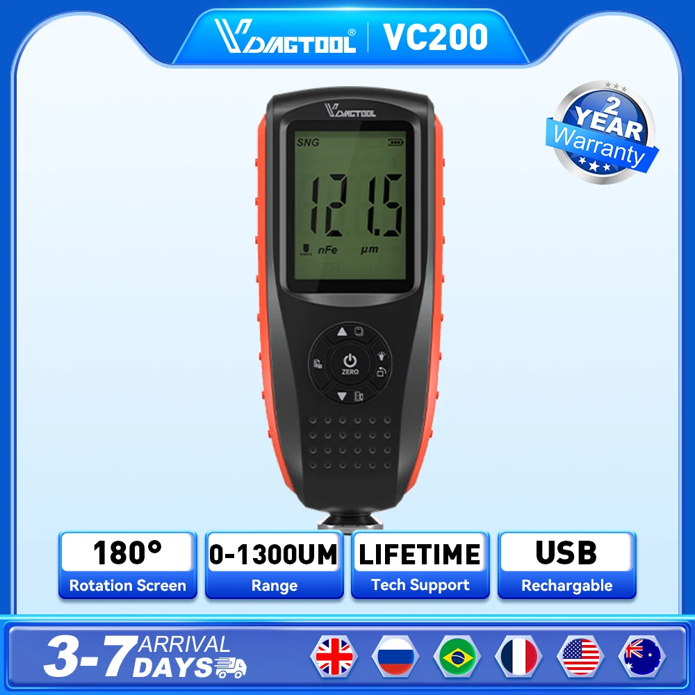 

VDIAGTOOL VC200 Car Paint Thickness Tester Fe & NFe Probe Coating Meter 180 Rotation Thickness Gauge Zero Calibration Backlight