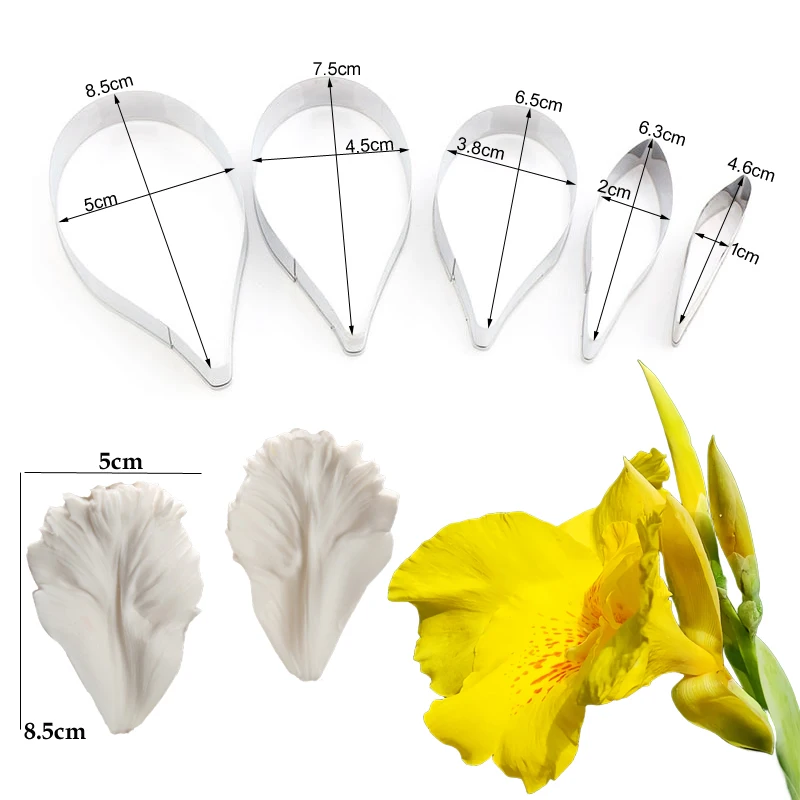 7pcs Canna Lily Petal Veiner Silicone Molds Stainless Steel Cutter Mold Bakeware DIY Fondant Cake Mould Cake Decorating Tool