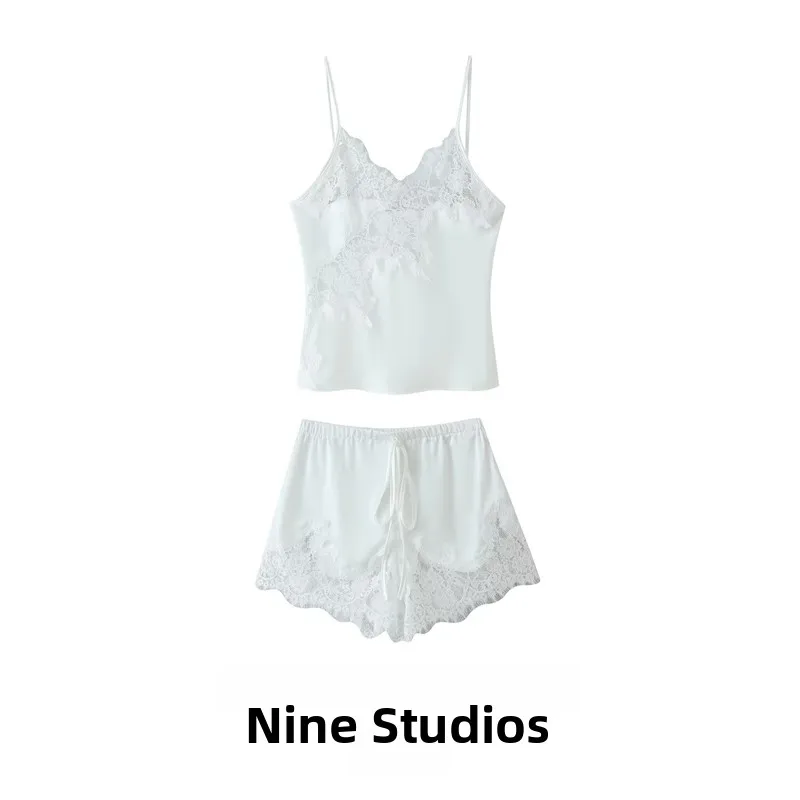 Conjunto Casual de Dos Piezas para Mujer NINE ZAR, Top con Tirantes y Parches de Encaje, Shorts, Versátil para Todas las...