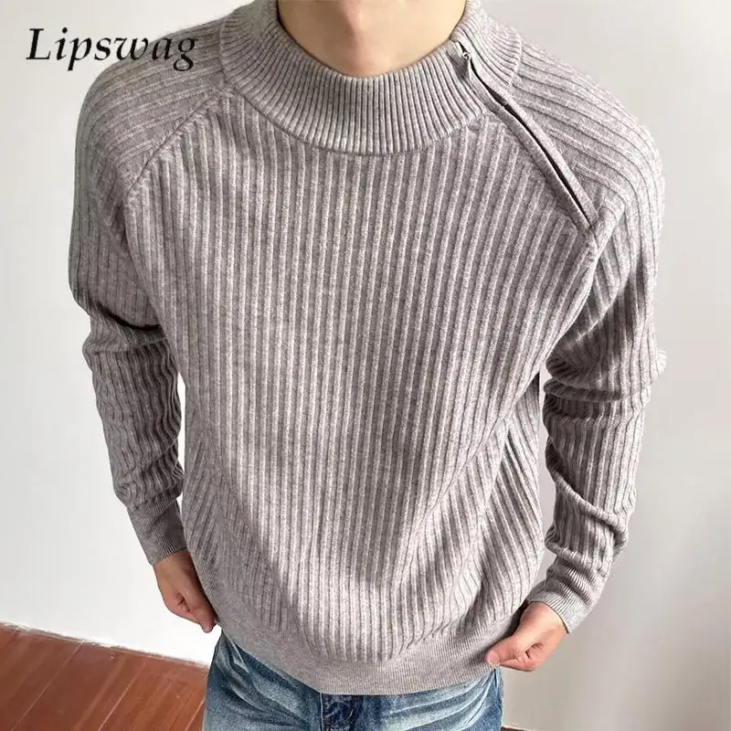 

Стильные нерегулярные свитера на молнии с воротником-стойкой, мужские осенне-зимние повседневные однотонные вязаные джемперы, мужские винтажные тонкие свитера