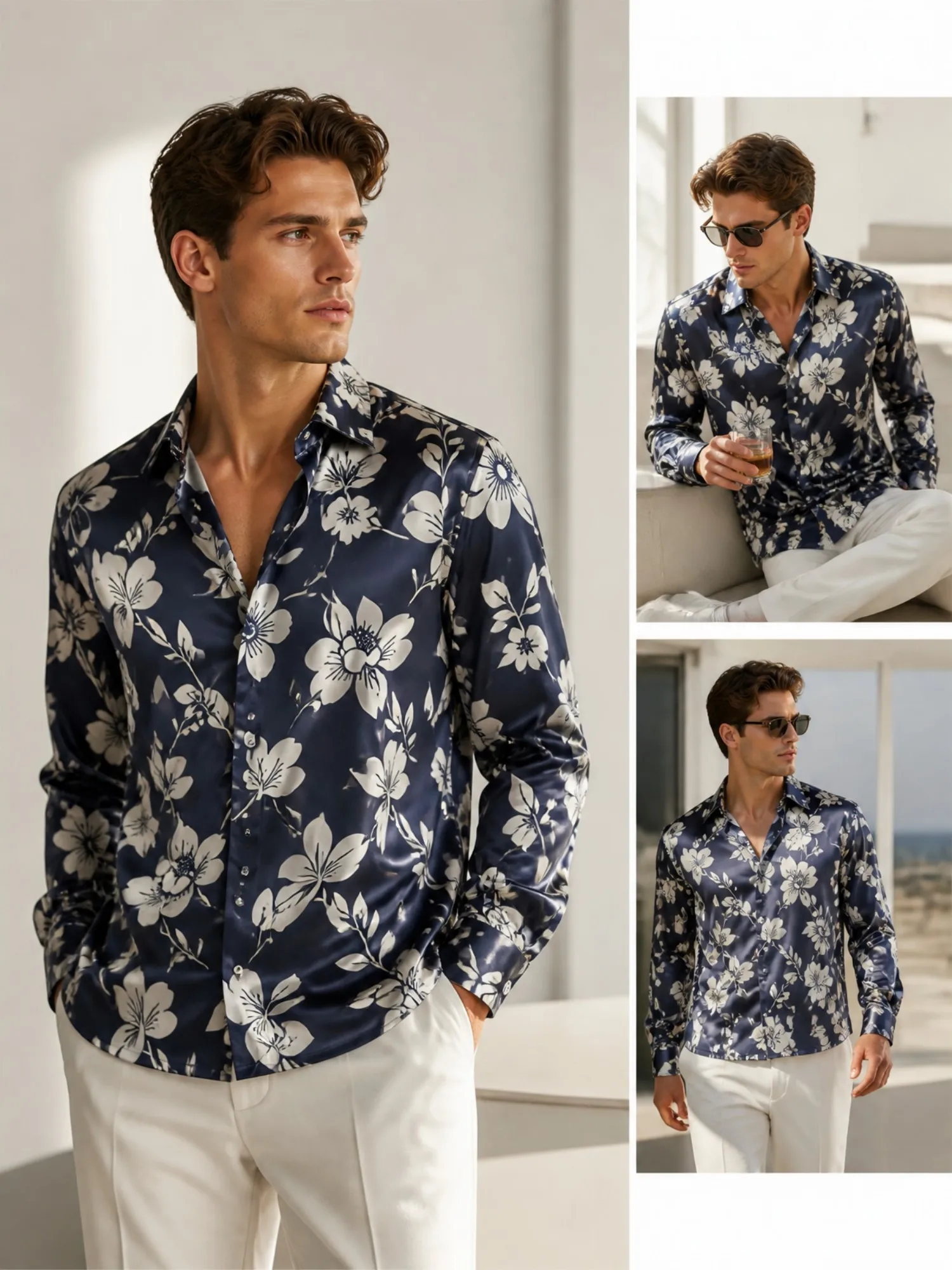 Mens Satin Long Sleeve Button Down Printed Dress Shirt Smooth Glossy Fabric Daily For Business Commute Office Work Everyday Wear