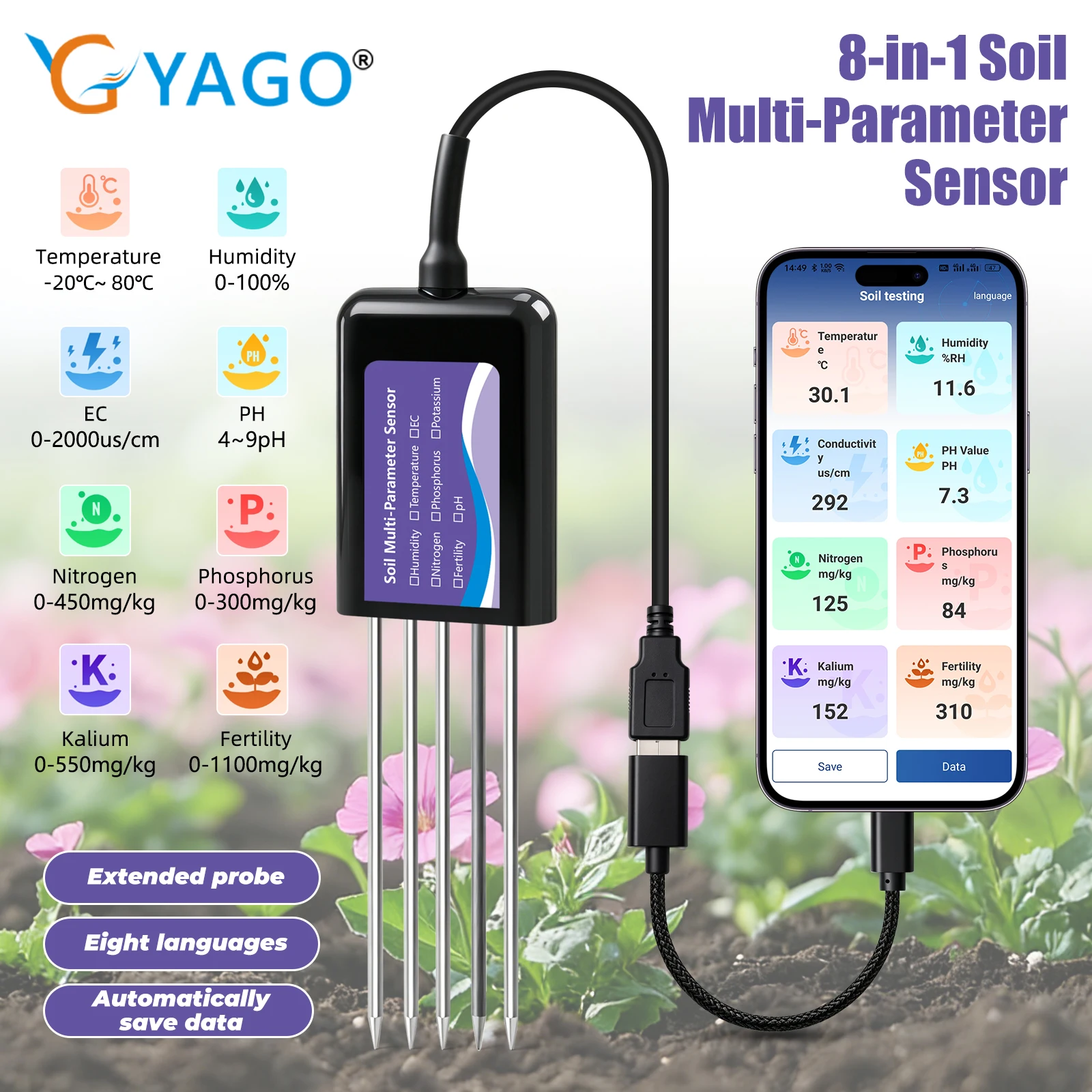 YAGO 8 in 1 Soil NPK Tester Type C Smart Soil Moisture PH Meter EC Temperature Fertility Detector Data Export App Control