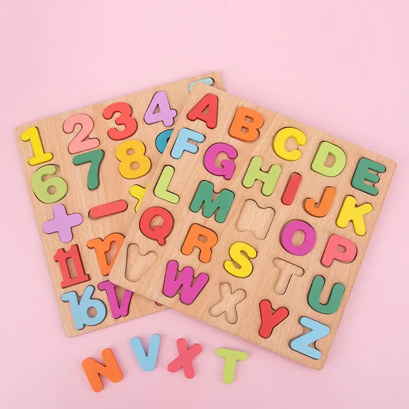 3D Montessori Wooden Puzzle Alphabet Letters Number Matching Games Hand Grasping Board Early Education Learning Blocks Toy