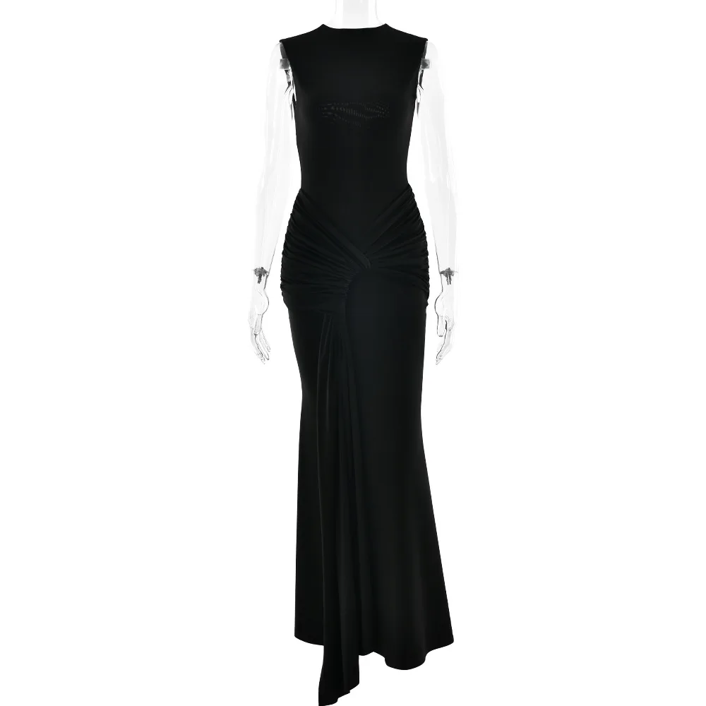 TWOTWINSTYLE Abito lungo senza schienale alla moda sexy per le donne O collo senza maniche vita pieghettata abiti da sera a coda di pesce dimagranti femminili