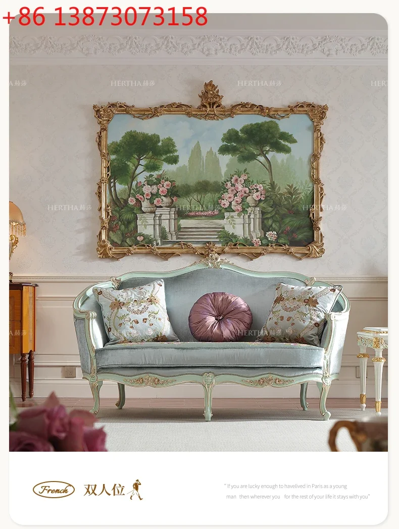 

French court style fabric sofa combination beech light luxury retro style solid wood carving flower