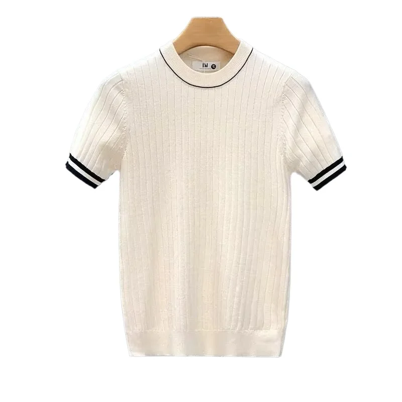 

Мужской вязаный свитер в корейском стиле, пуловер с короткими рукавами, легкий облегающий модный трикотаж, уличный топ