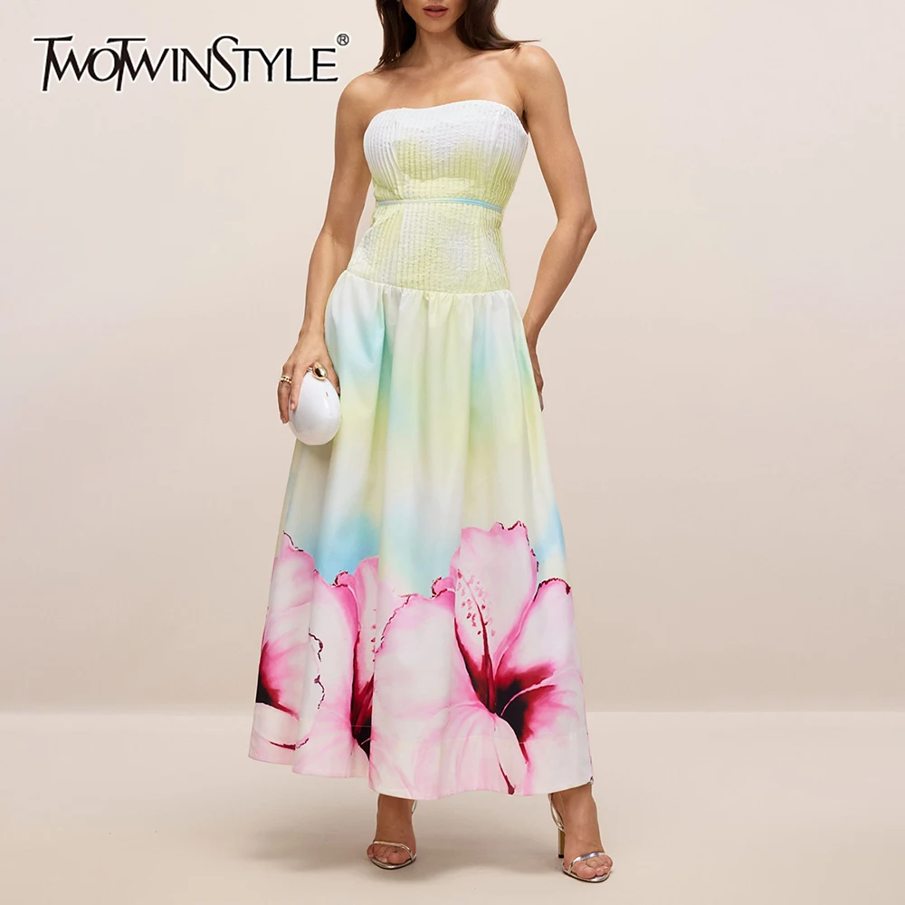 

TWOTWINSTYLE Hit Color Printing Elegant Long Dresses for Women Strapless Sleeveless Tunic Patchwork Folds Fashion Dress Female