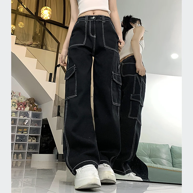 Women New Japanese High Waisted Denim Straight Leg Baggy Jeans Lady Cool High Street Pants Girls Fashion Black Wide Leg Trousers