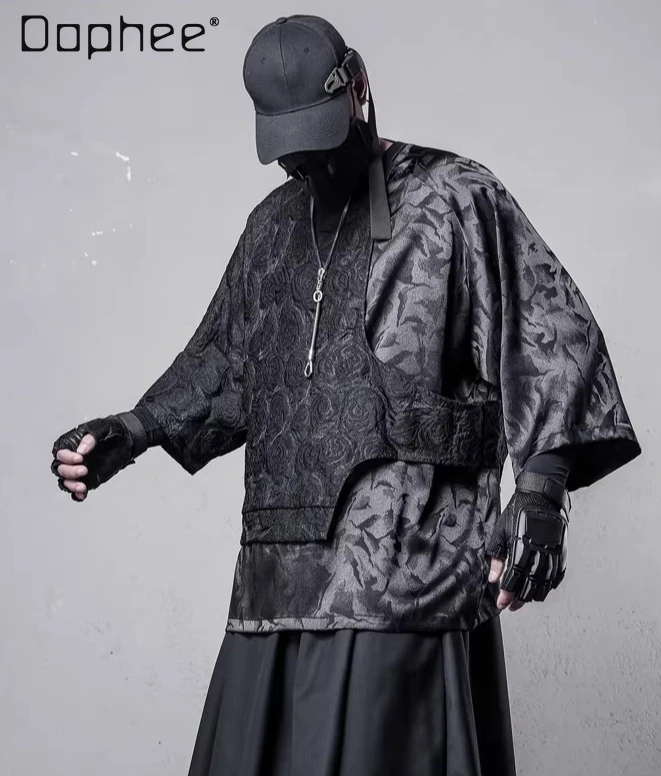 Summer New Dark High Street Style Loose Casual Men's Black Rose Jacquard Splicing Fake Two-piece Three Quarter Sleeve T-shirt