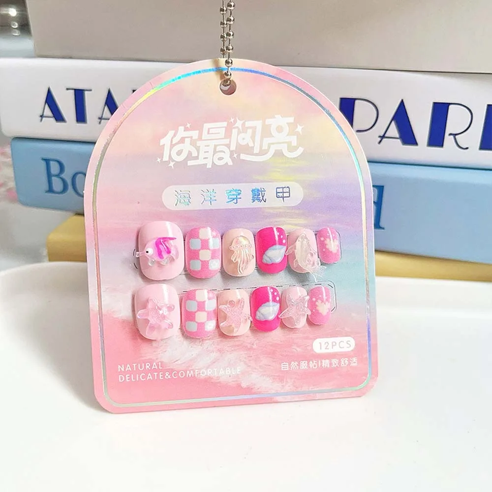 Starfish Children False Nails Dolphins Short Square Shaped Kids Fake Nail Extension Nail Supplies Jellyfish