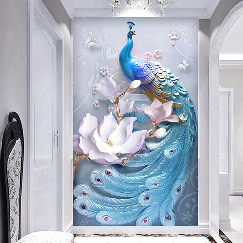 Papel tapiz Mural personalizado de cualquier tamaño, relieve estéreo 3D, pintura de pared de flores de pavo real azul, pared de fondo de entrada de Hotel para sala de estar 3 D