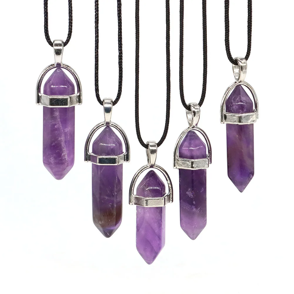 Hexagonal Column Crystal Pendant Natural Stone Amethyst Necklaces Chakra Healing Gift Women Men Fashion Jewelry 1PC