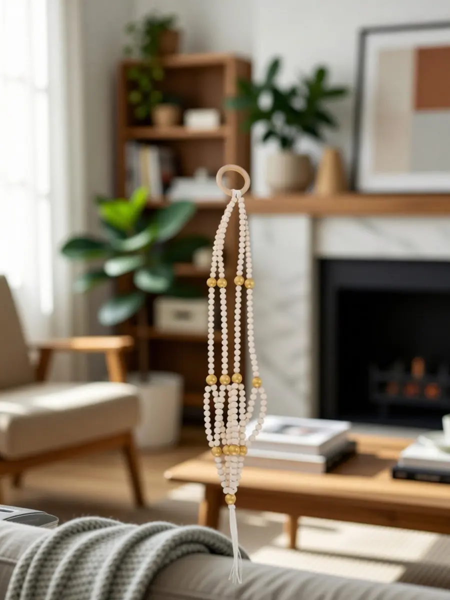 Macrame Plant Hanger Wood Beaded Hanging Basket Decorative Flowerpot Wall Mount Holder Indoor Home Garden Hanging Pendant