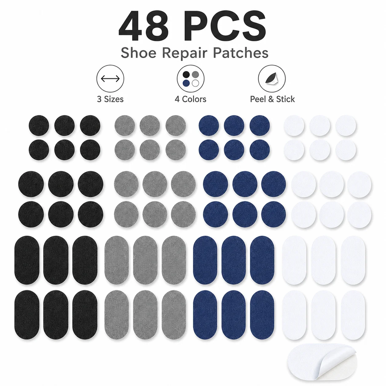 48Pcs Self-Adhesive Shoe Repair Patches, 3 Sizes 4 Colors Washable Peel Stick Fix Tape for Sneaker Toe Heel Lining Damage