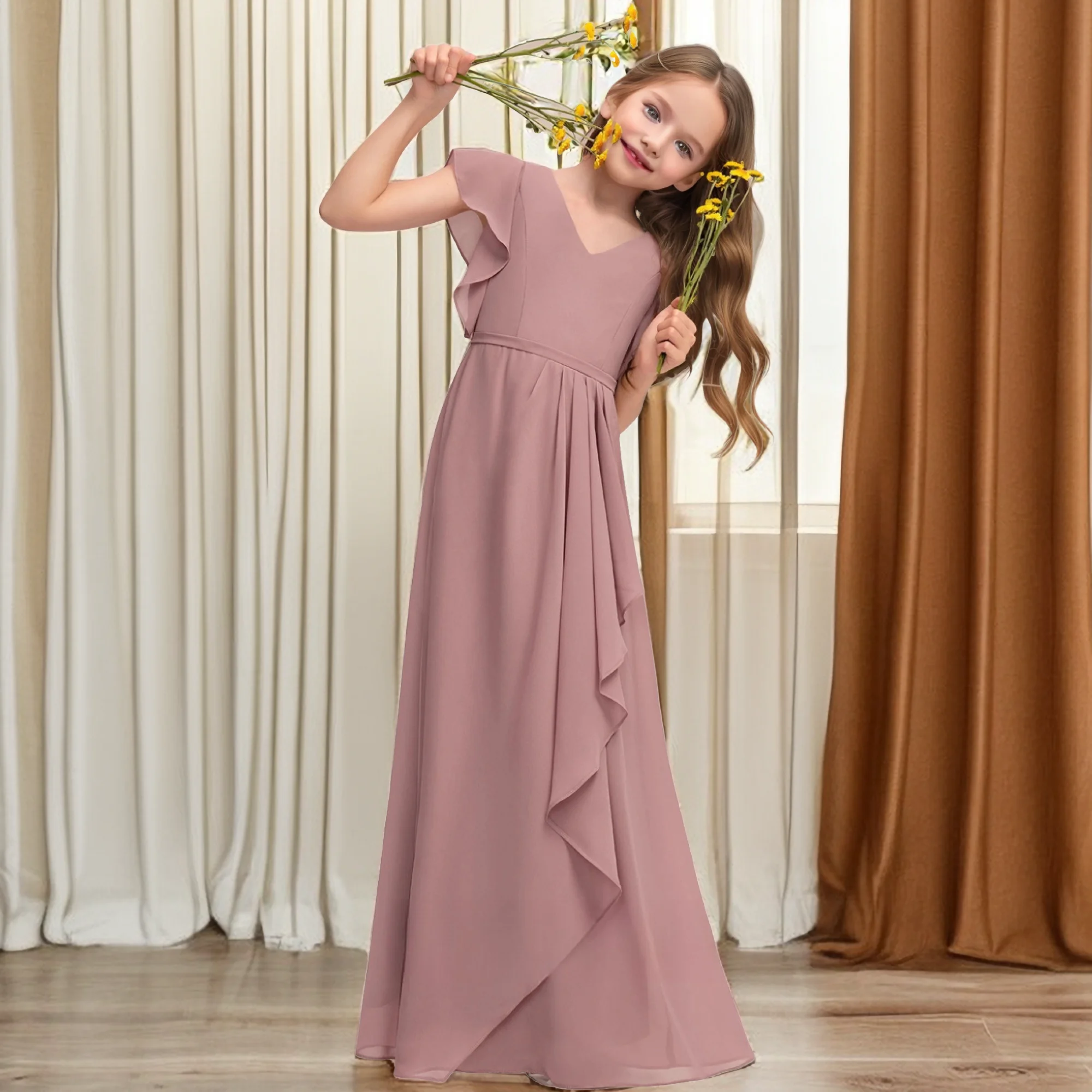 Kids Junior Bridesmaid Dress Wedding Ceremony Birthday Party Ball Gown Prom Night Banquet Pageant Event With Cascading Ruffles