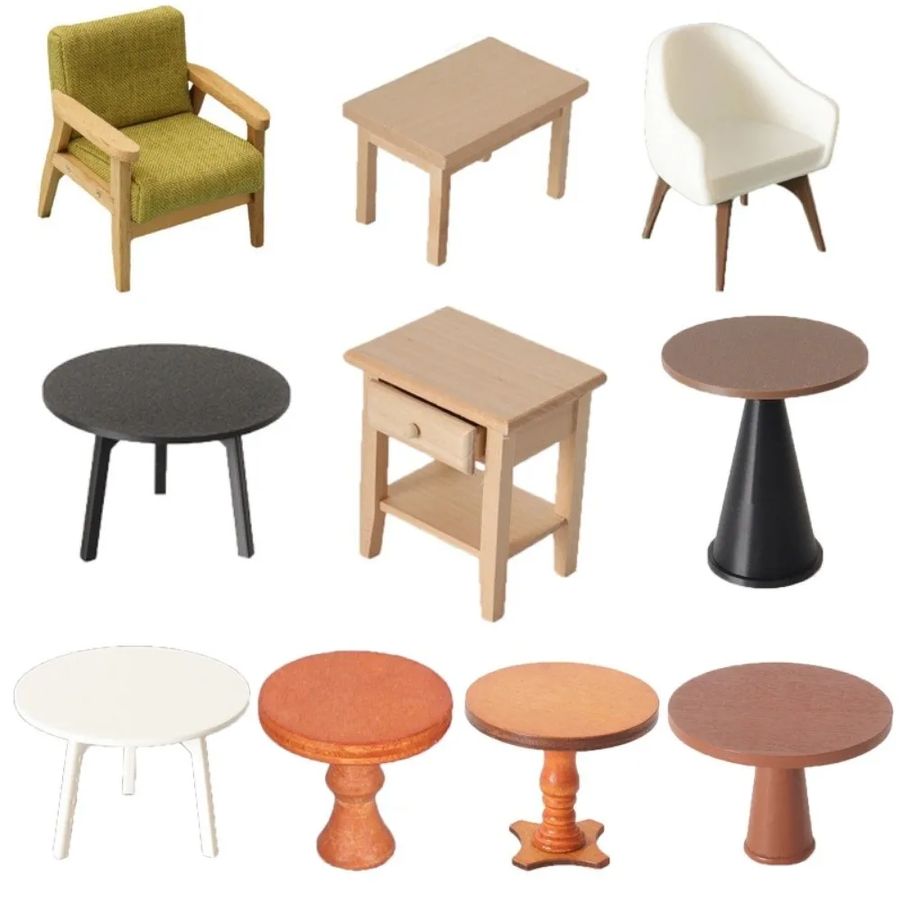 Mini 1/12 Dollhouse Miniature Chair Modern Simple Multistyles Wood Coffee Dining Table Chairs Doll House Decoration
