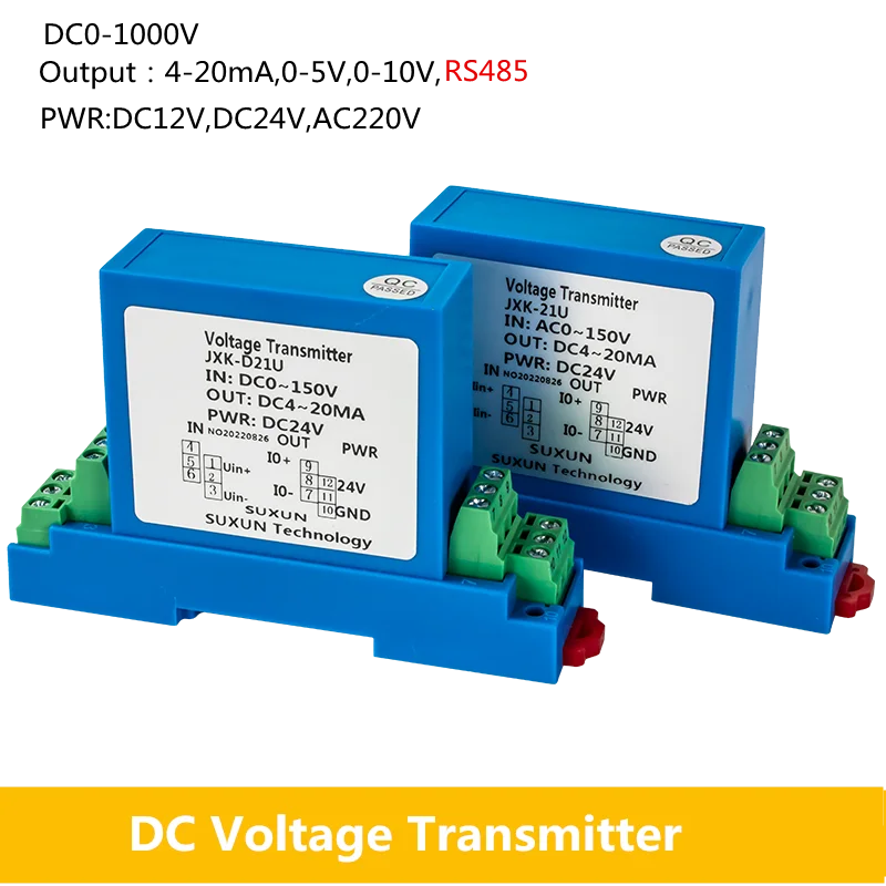 DC Voltage Transducer 4-20mA rs485 Converter DC 0-10V/50V/100V/300V/500V/1000V input DC12V 24V Power Analog Signal