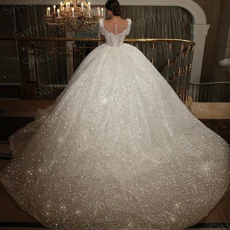 Royal Wedding Dress Lace With Beading Princess Ball Gown Sweetheart Neck Half Sleeve Bride Button Vestido De Novia Customized