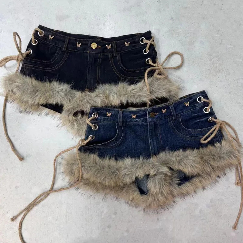 ANJY 2025 Otoño Invierno nueva moda mujer ropa de calle chica caliente deshilachado con cordones ajustado Sexy pantalones cortos de mezclilla tendencia Chic Ins Casual A16542