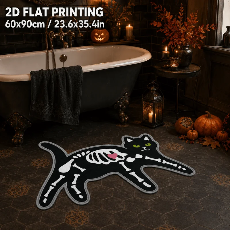 VIKAMA Skeleton Black Cat Shaped Bath Mat Halloween Xray Cat Non Slip Water Absorbent Bathroom Rug Gothic Home Decor