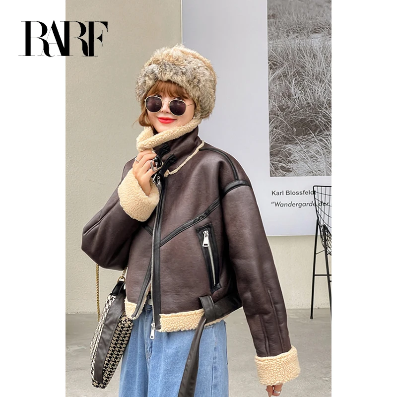 RARF New 2024 Winter Jacket Women Thick Faux Leather Jacket Women Coat Warm Lamb Biker Coat Female Casual Belt Outwear Ladies