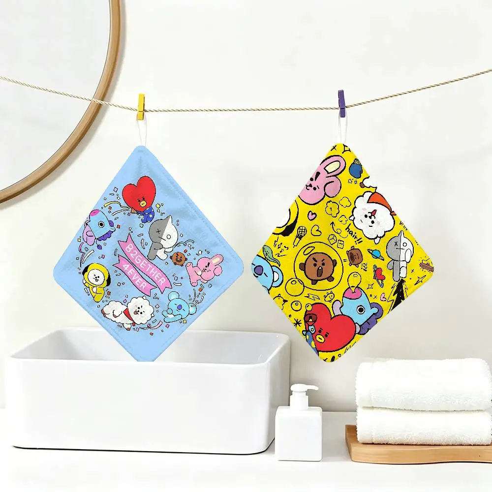 Cute B-bt21-S Logo Polyester Cotton Hand Wiping Towel with Hanging Loop, Lightweight for Home and Commercial Use