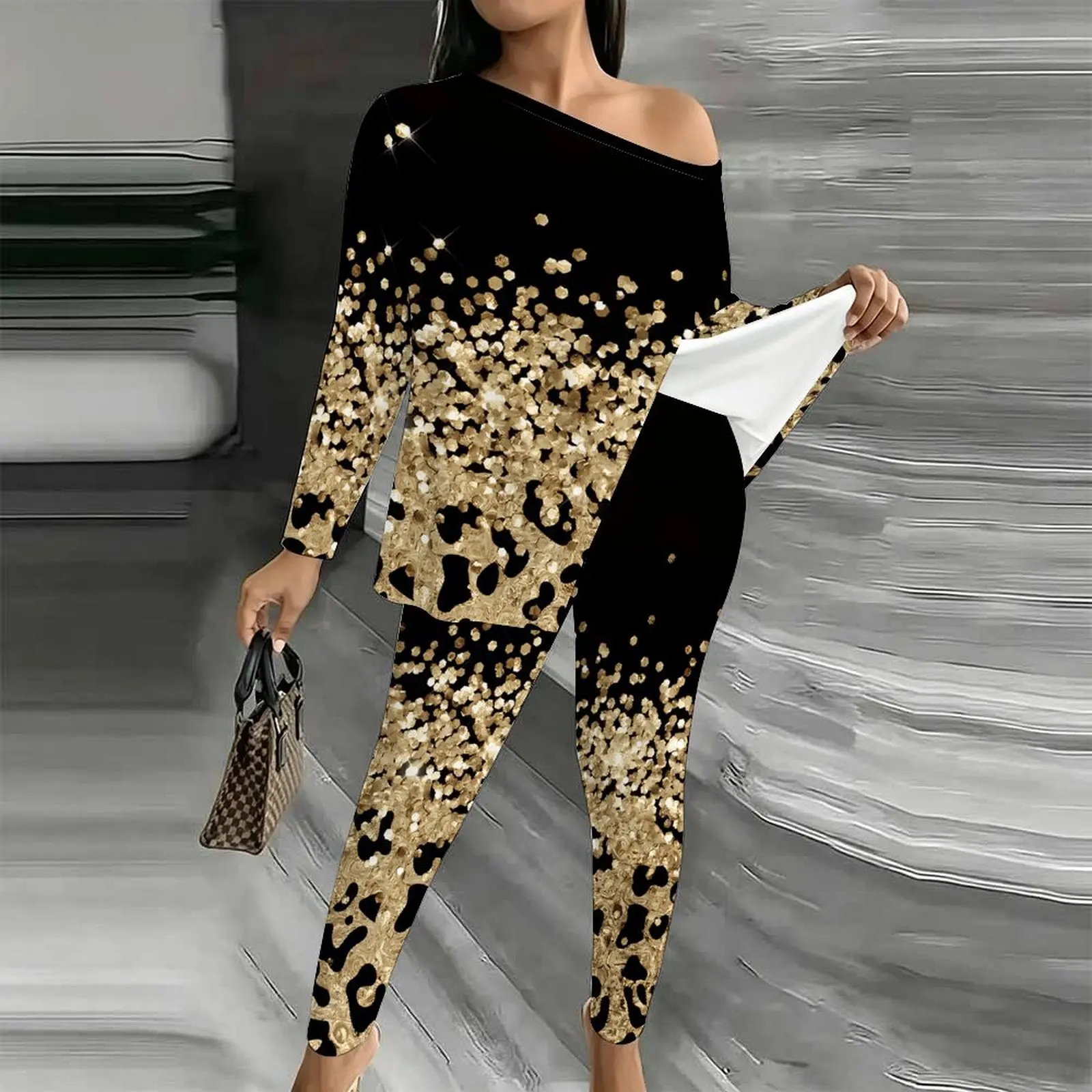 Fashion Printed Jogging Pants Off Shoulder T-shirt Elegant Two-piece Set Autumn Winter Women's Diagonal Collar Long Sleeved
