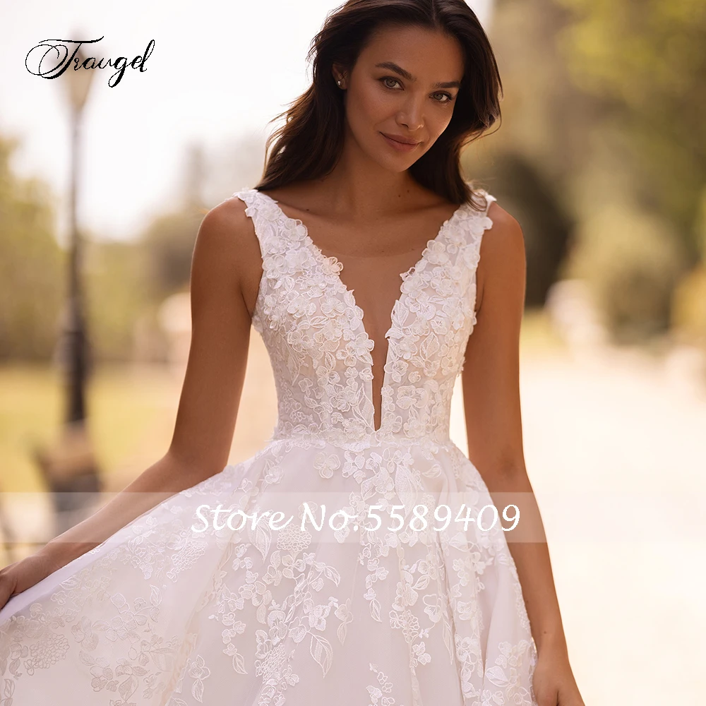 Traugel Elegant Backless V Neck Lace Vintage Wedding Dresses Luxury Appliques Beaded Tank Court Train A Line Bridal Gown