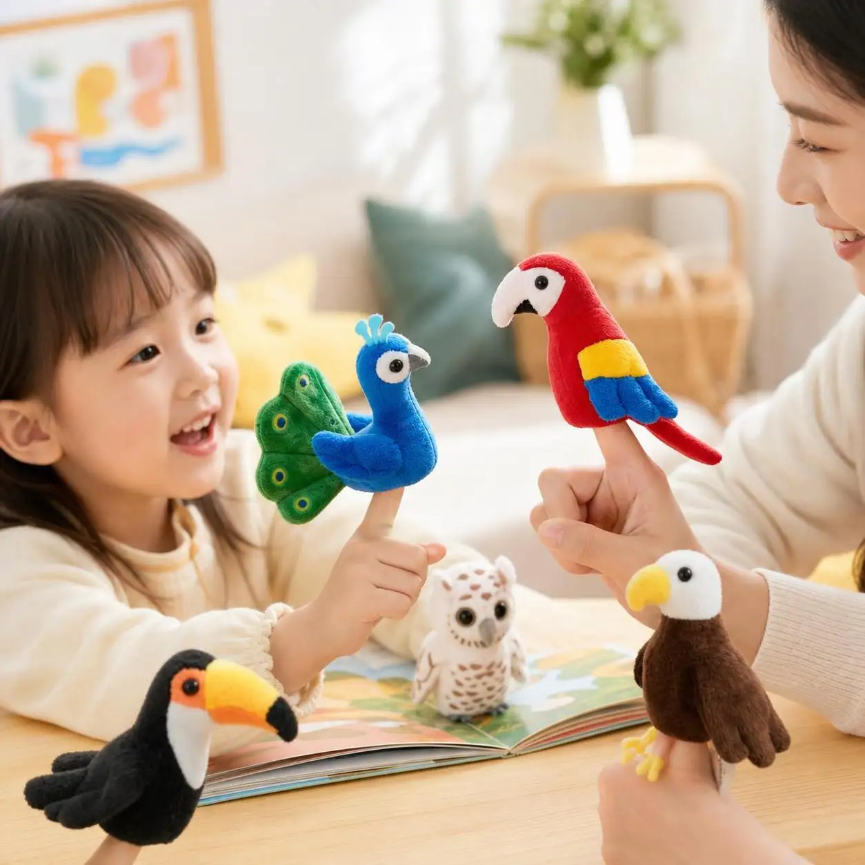 Peacock Owl Parrot Finger Puppet Plush Doll Kawaii Animal Interactive Hand Puppet Toy For Kids Storytelling Educational Play