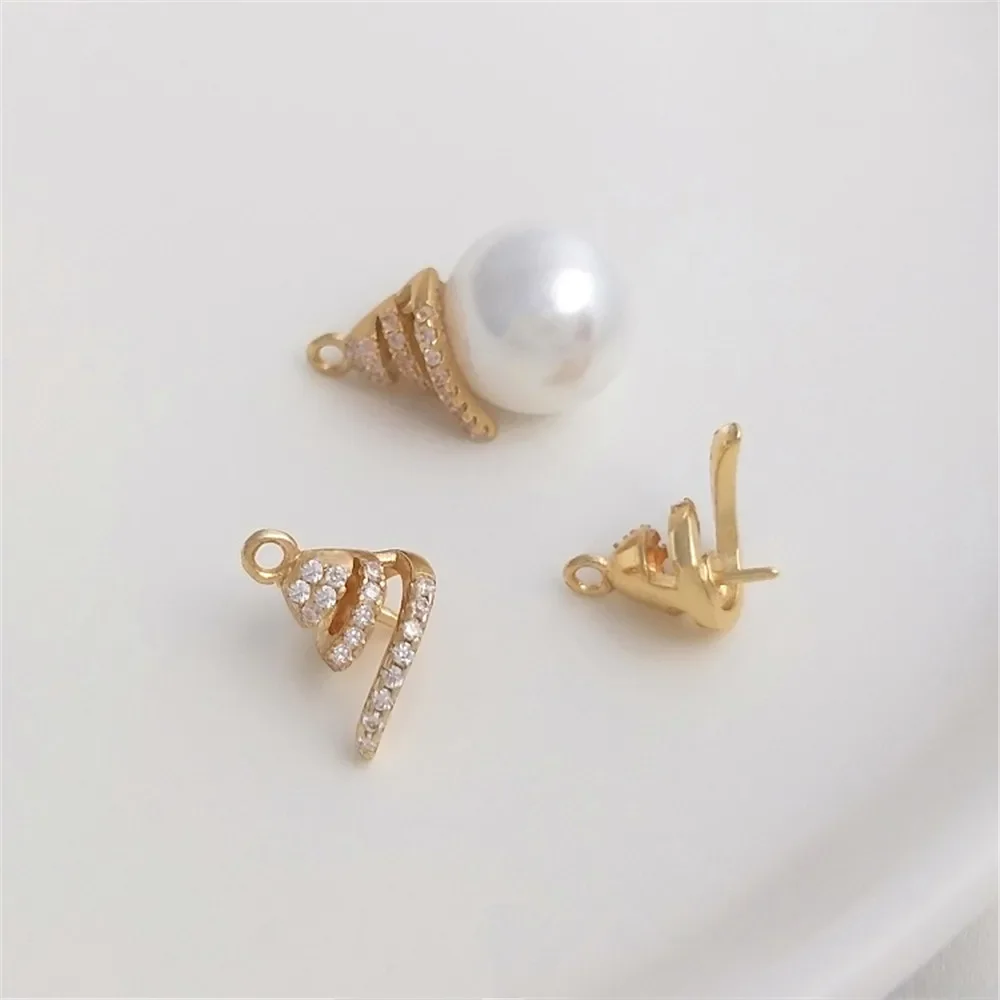 14K Gold Plated Micro-inlaid zircon crystal pearl pendant with half hole spiral empty pendant DIY hand stick bead