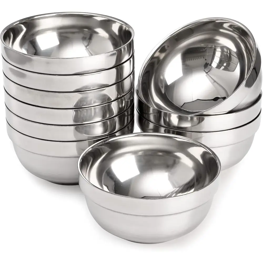 Set of 10 5 Inch Stainless Steel Bowls, 15 Oz Capacity, Ideal for Snacks, Salads, Soups, and More