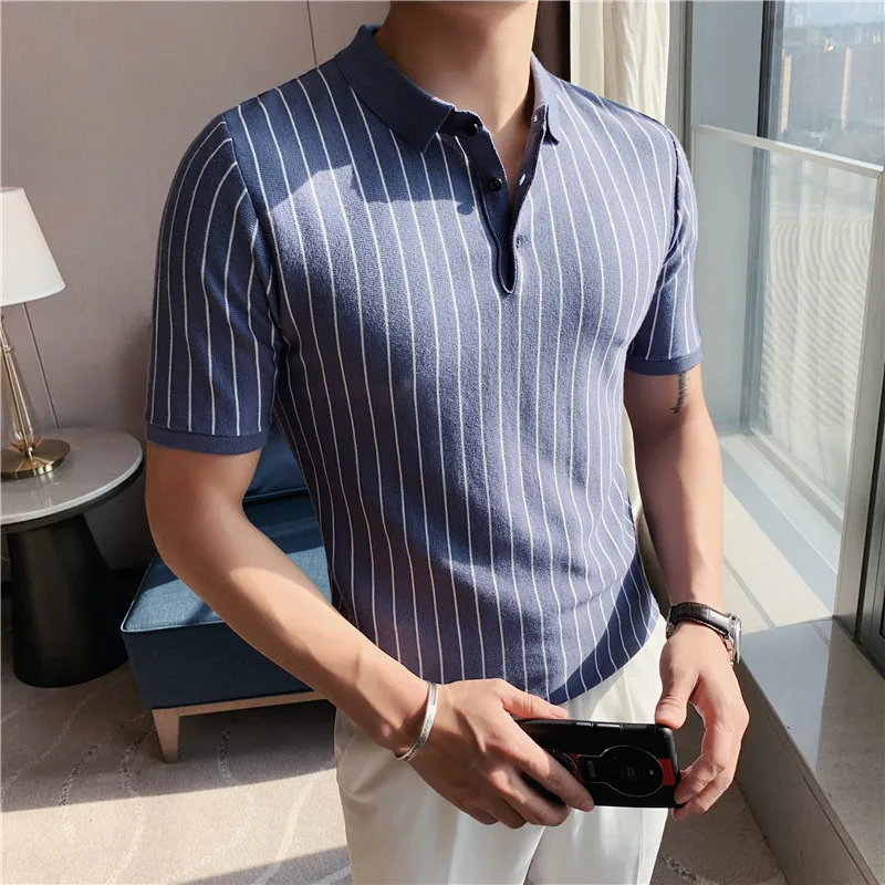 British Style Summer New Vertical Stripes Men Polo Shirt Short-Sleeved Slim Fit Lapel Stretch Knitted T-shirt Plus Size 4XL-M