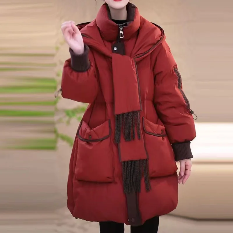 Cold-weather Protection Warm Coat Winter Big Size Cotton Padded Jacket Detachable Hood Puffer Jacket Luxury High-end Parka Scarf