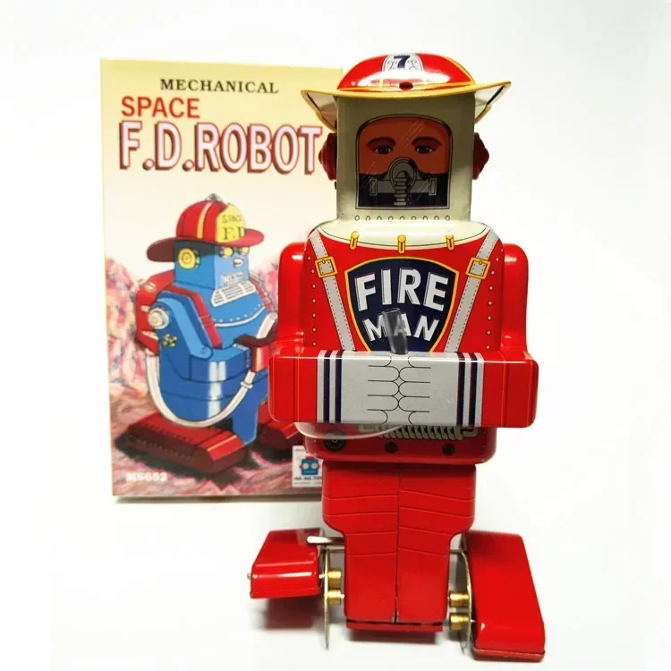 [Funny] Adult Collection Retro Wind up toy Metal Tin fire man Space F.D.ROBOT Mechanical Clockwork toy figures model kids gift