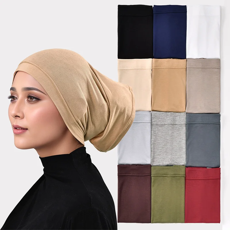 12pcs Fashion Jersey Modal Hijab Inner Wrap Solid Color Muslim Headscarf Elastic Undercap Headband Islamic Turban Bonnet