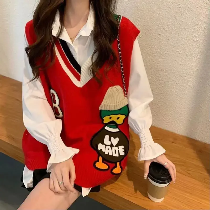 

Women Clothing Knitted Fashion Vest V-neck Loose Top Autumn Winter Letter Cartoon Embroidery Chic Sweaters
