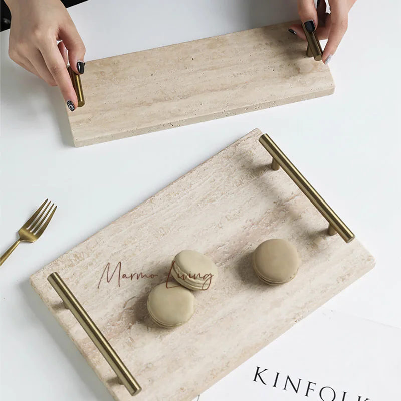 

Vintage Beige Travertine Stone Tray with Golden Handle Luxury Marble Bathroom Vanity Serving Tray