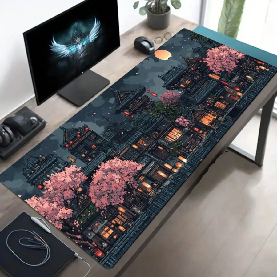 1pc Moonlight Cherry Blossom House XXL Gaming Desk Mouse Pad, Washable Smooth Surface, Ergonomic Wrist Support, Durable Mat For Office Gamers, Ideal Holiday