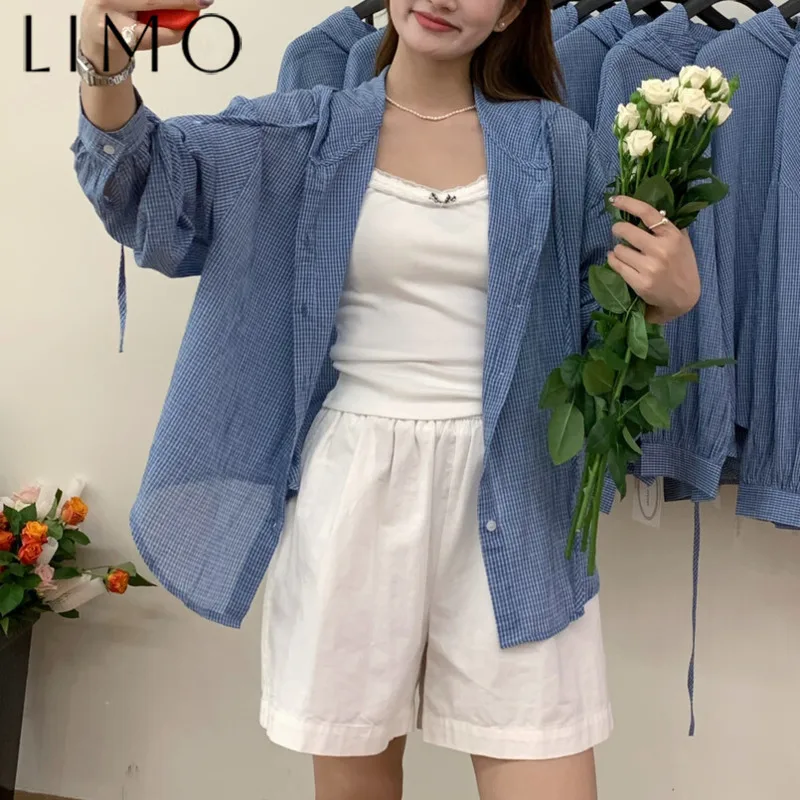 

LIMO Women's Summer Hooded Shirt With Drawstring - Thin Checkered Casual Button Cuff Blouse, Slim Fit, Daily Versatile Outfit