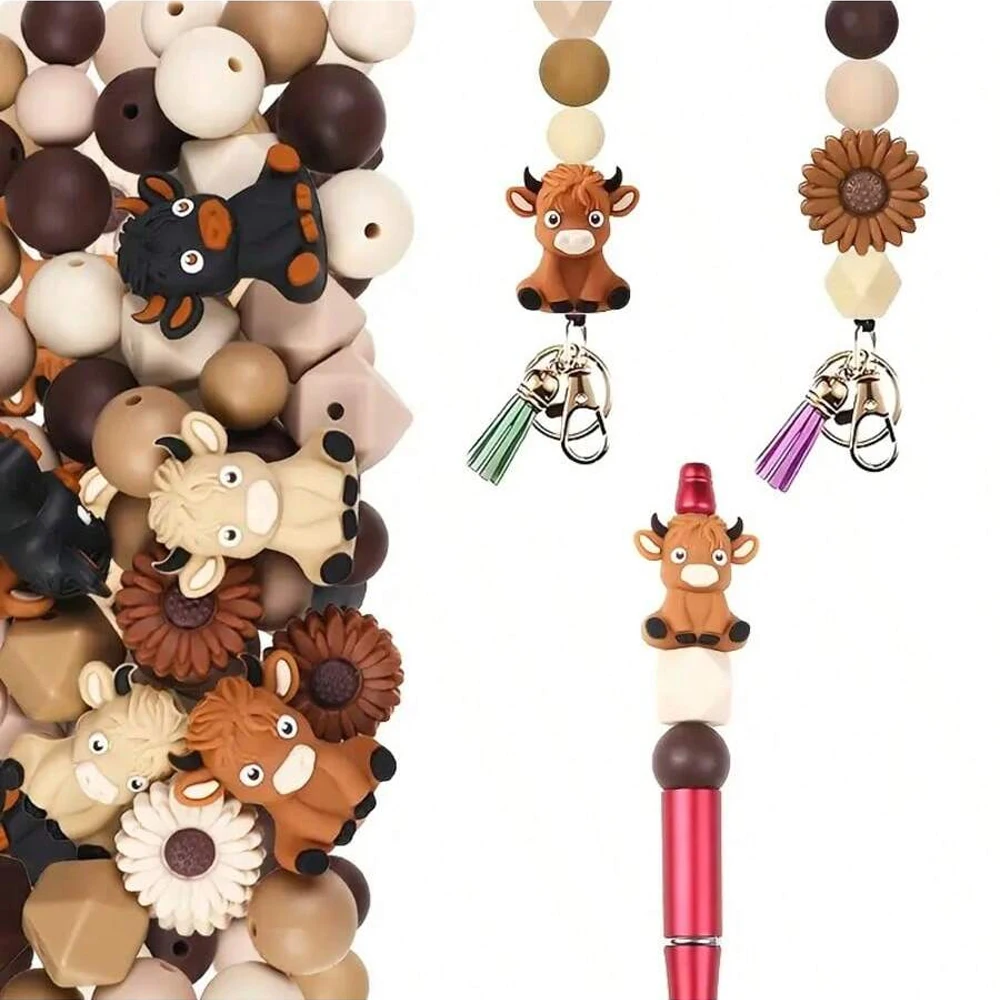 25/34/75PCS 3D Highland Cow und Daisy Silikonperlen-Set, modisches Tier, Blumenform, DIY-Schmuckherstellungsmaterial – Detail 3