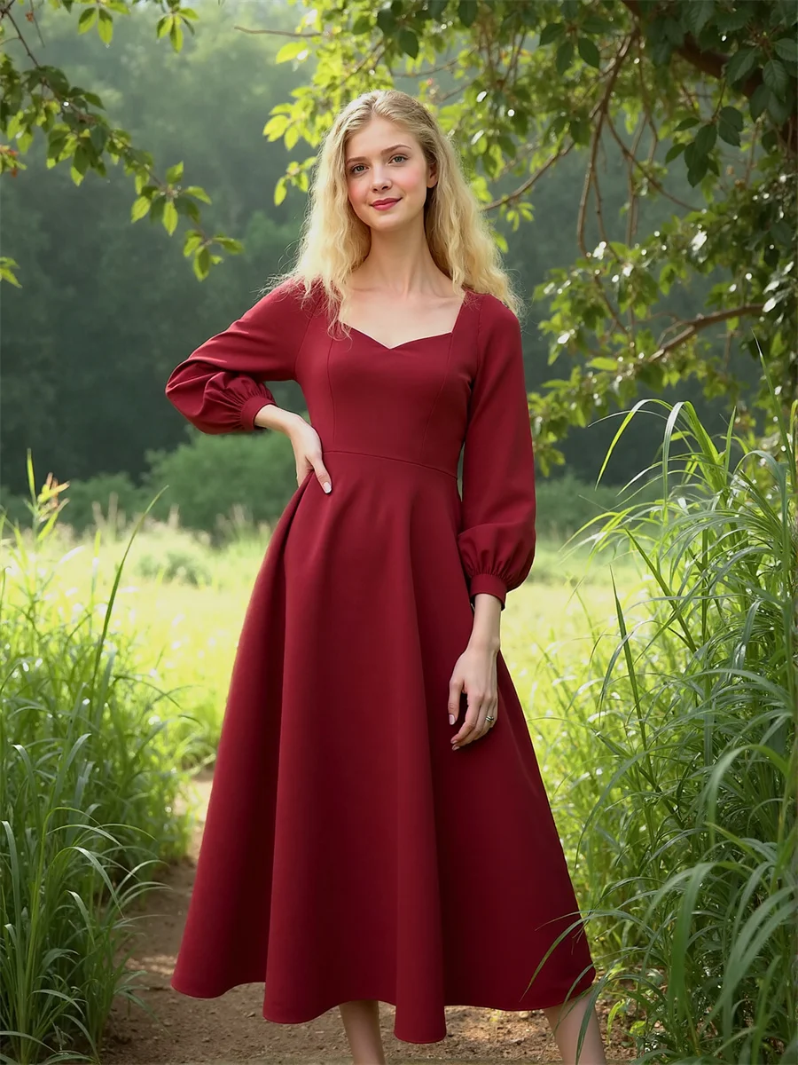 فستان نسائي خريف 2025 كم فانوس منتصف العجل بلون سادة رقبة على شكل حرف v منخفض القطع رقبة منخفضة خط عنق على شكل قلب مثير ساخن #6