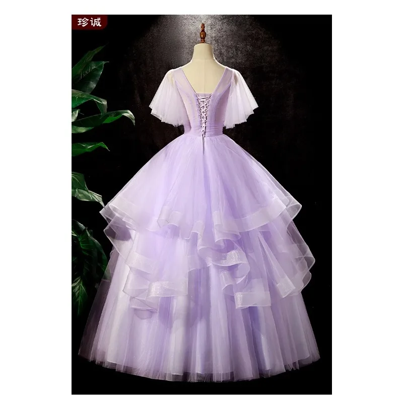 Dames V-hals Patchwork Paarse Avondjurk Modieus Afslanken Kunstexamen Prestaties Gezwollen Rok Fee Banket Volwassen Jurk