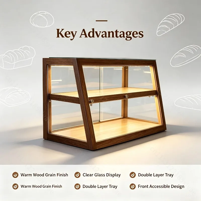 Solid Wood Glass Bakery Display Cabinet, Small Front Desk Bar Counter Showcase for Cake Coffee Shop Pastry Dessert Bread