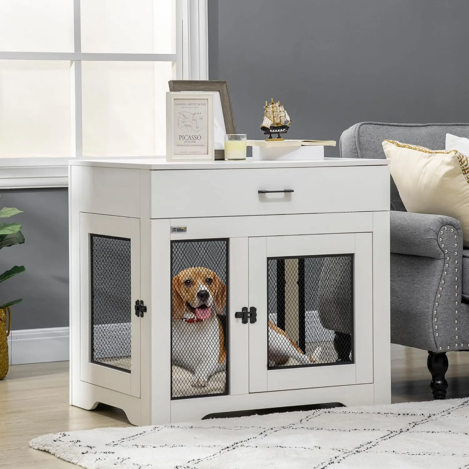 PawHut Dog Crate Furniture with Soft Water-Resistant Cushion, Dog Kennel End Table with Drawer, Puppy Crate for Small